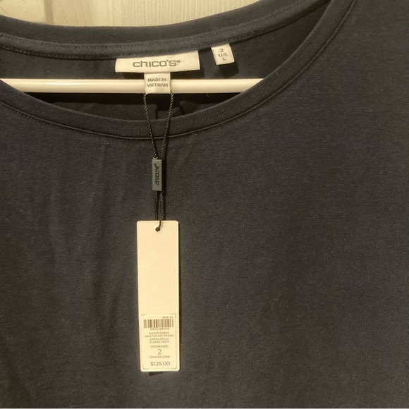 NWT Chico’s Women Navy Blue Short Sleeve Asymmetrical Midi Knee Dress size L - Picture 2 of 3